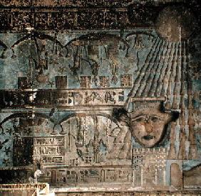 Ceiling relief depicting the sun shining down on Hathor, from the Hypostyle Hall, c.125-AD 60 (photo