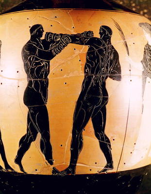 Black-figure Panathenaic amphora depicting a boxing contest, c.336 BC (pottery) van Greek 4th century BC