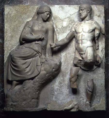 Hercules and Minerva, one of a series of metopes depicting the Labours of Hercules from the Temple o van Greek School