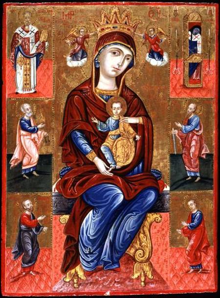 Virgin of Skopiotisa Enthroned with Christ and Six Saints van Greek School