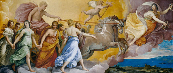 Aurora (Apollo volgt de zich haastende Aurora in zijn strijdwagen) van Guido Reni