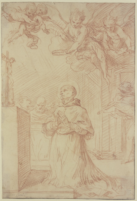 Betender Heiliger vor einem Altar von Engeln gekrönt van Guido Reni