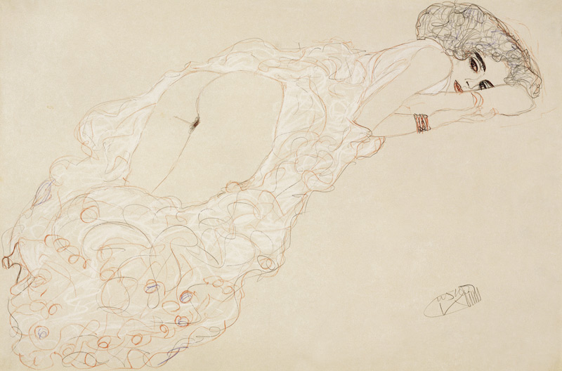 Reclining Nude Lying on Her Stomach and Facing Right van Gustav Klimt