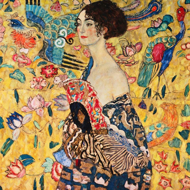 Almachtig Schat Rendezvous Dame met waaier schilderij van Gustav Klimt - verkrijgbaar als kunstdruk,  als poster, op canvas, als olieverfschilderij of op dibond/acrylglas Als  reproductie kunstdruk of als handgeschilderd olieverfschilderij