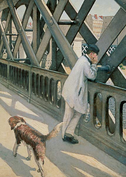 Le Pont de L'Europe: detail of a resting man and a dog van Gustave Caillebotte
