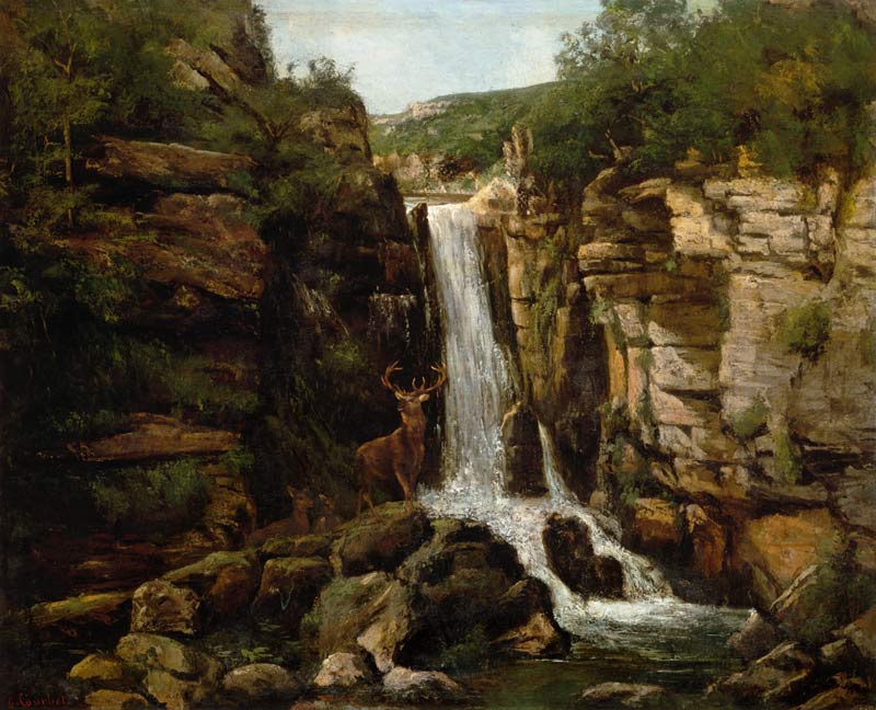 Hirsch vor einem Wasserfall van Gustave Courbet