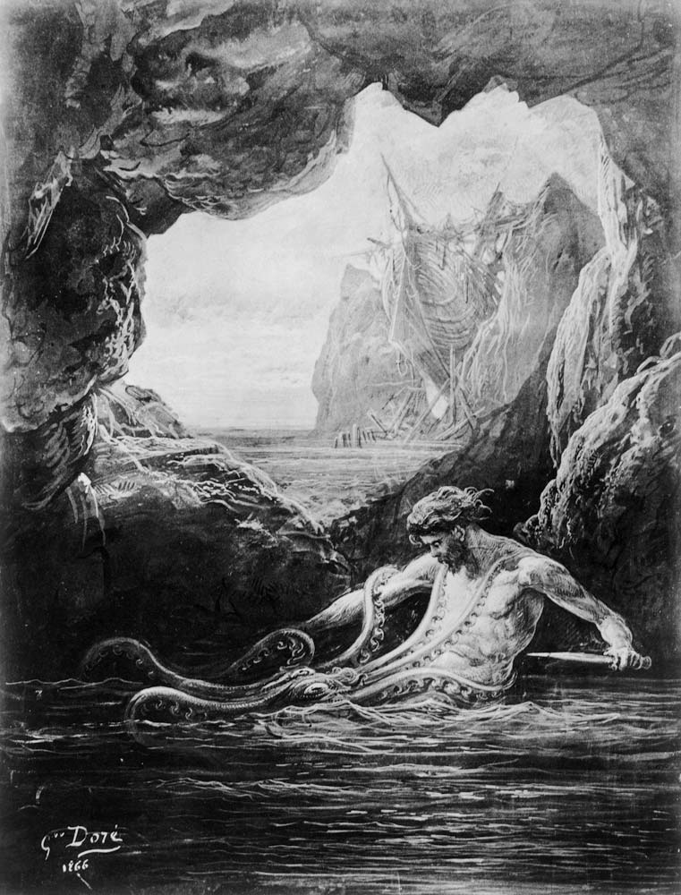 Gilliatt struggles with the giant octopus, illustration from ''Les Travailleurs de la Mer'' by Victo van Gustave Doré