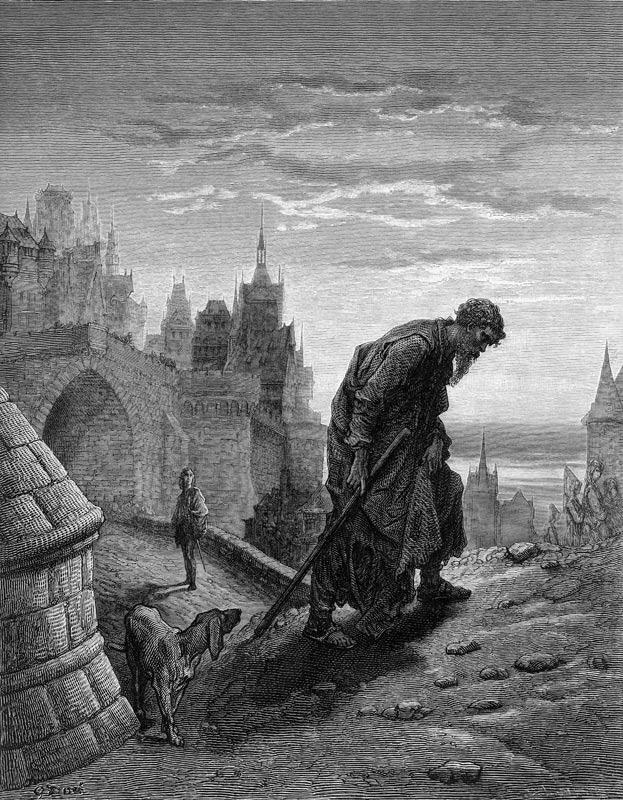 The Mariner, having finished his story, turns to leave, while his listener, the wedding guest gazes  van Gustave Doré