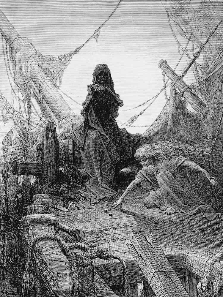 The ''Night-mare Life-in-Death'' plays dice with Death for the souls of the crew, scene from ''The R van Gustave Doré