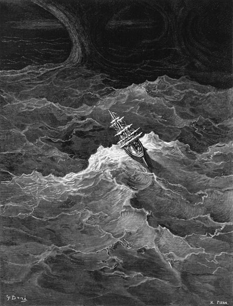 Ship in stormy sea, scene from ''The Rime of the Ancient Mariner'' S.T. Coleridge,S.T. Coleridge, pu van Gustave Doré