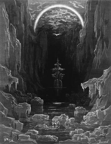 The appearance of the albatross to lead the marooned ship out of the frozen seas of Antartica, scene van Gustave Doré