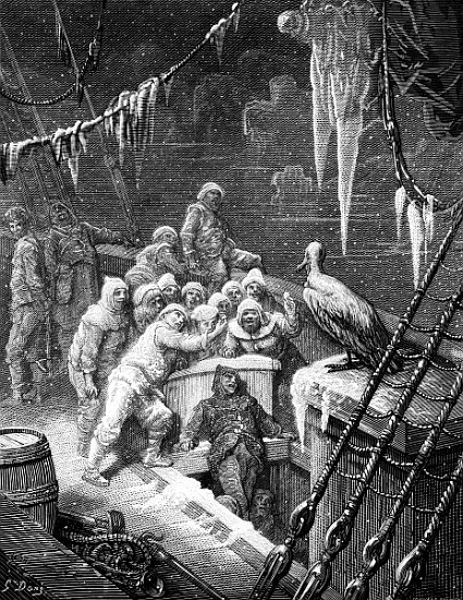 The albatross being fed the sailors on the the ship marooned in the frozen seas of Antartica, scene  van Gustave Doré