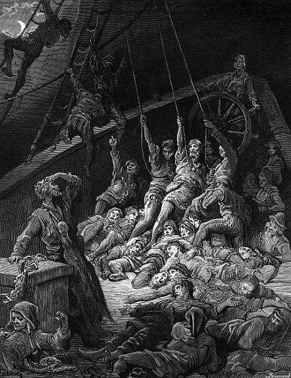 The dead sailors rise up and start to work the ropes of the ship so that it begins to move, scene fr van Gustave Doré