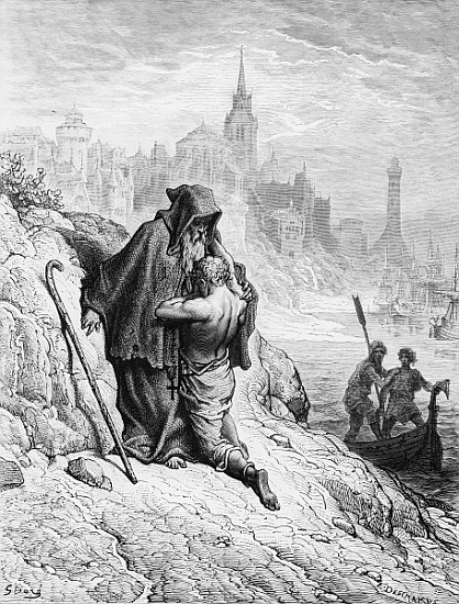 The Mariner begs the Hermit to give him absolution from his sin, scene from ''The Rime of the Ancien van Gustave Doré