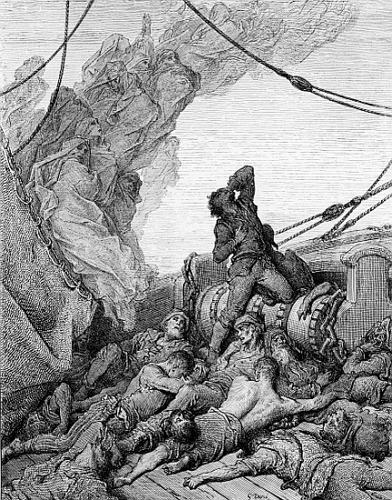 The Mariner, surrounded the dead sailors, suffers anguish of spirit, scene from ''The Rime of the An van Gustave Doré