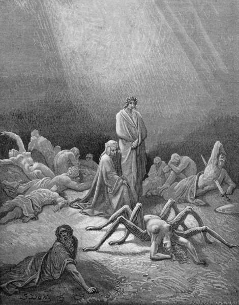 Virgil (70-19 BC) and Dante looking at the spider woman, illustration from ''The Divine Comedy'' (In van Gustave Doré