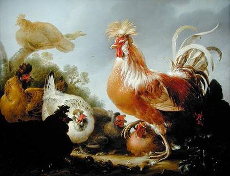 Cockerel and hens in a landscape van Gysbert Hondecoeter