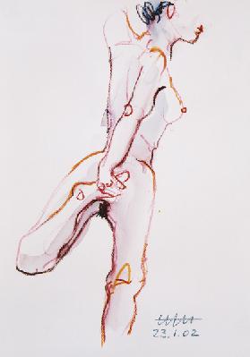 Auf rechtem Bein stehender weiblicher Akt, den linken Fuß mit der rechten Hand vor dem Gesäß...