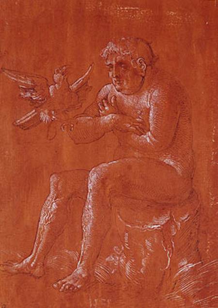 Nude man sitting on a tree trunk listening to a parrot (pen & ink and white chalk on red paper) van Hans Baldung Grien