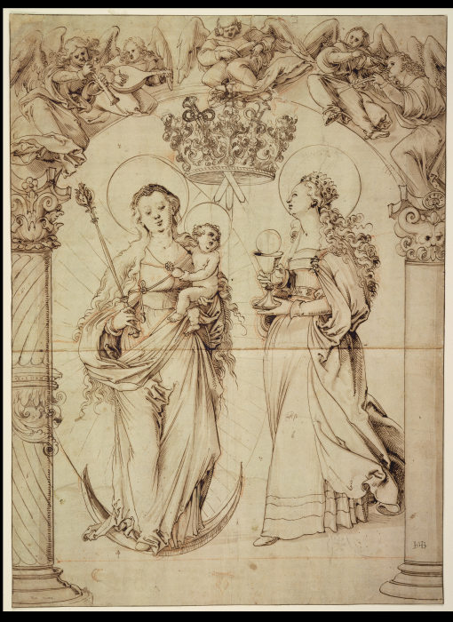 Scheibenriß mit der Madonna auf der Mondsichel und der Heiligen Barbara van Hans Baldung Grien