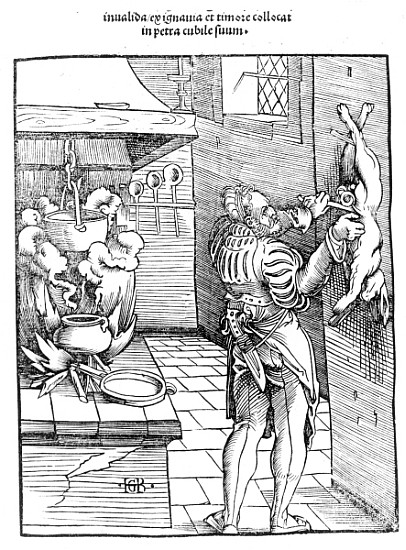 View of a sixteenth century kitchen with cook gutting a rabbit van Hans Baldung Grien