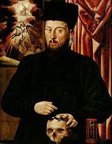 Bildnis des Theodor Zwinger in einer memento mori Darstellung van Hans Bock d.Ä.