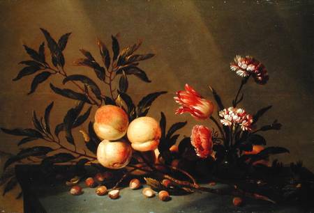 Still Life of Peaches and flowers van Hans Bollongier