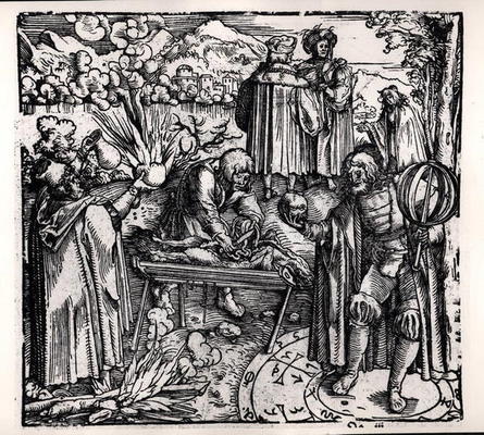 Scenes of divination, including haruspication, pyromancy and necromancy (engraving) (b/w photo) van Hans Burgkmair