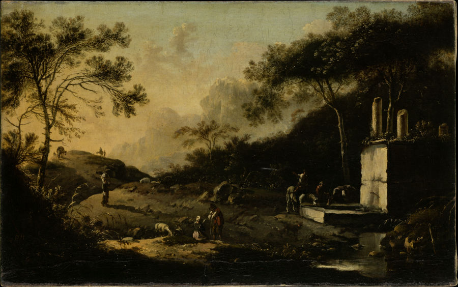 Italian Mountain Landscape with Travelers at a Well van Hans de Jode