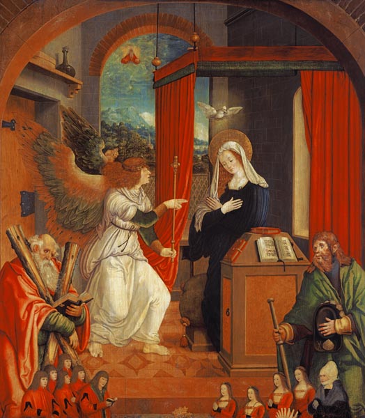 Mariae Verkündigung (mit hl. Andreas und hl. Jakobus, sowie sechs Stifterfiguren) van Hans Dürer