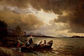 Fischer im Boot am Chiemsee-Ufer van Hans Fredrik Gude