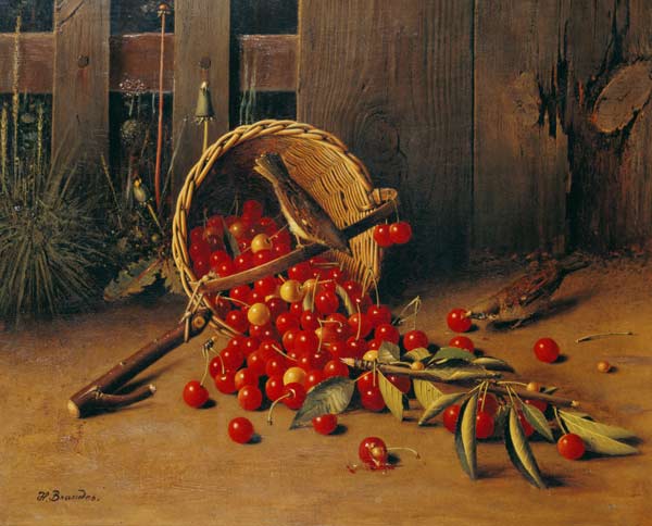 Stillleben mit Kirschen in einem Weidenkorl van Hans Heinrich Jürgen Brandes