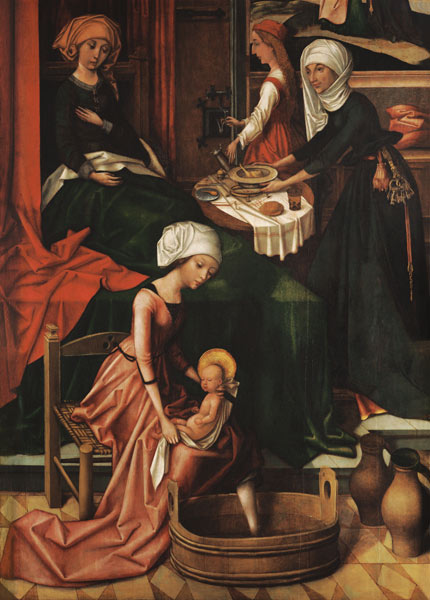 Geburt Mariae Weingartner Altar im Dom zu Augsburg Detail Das erste Bad. van Hans Holbein (de oude)