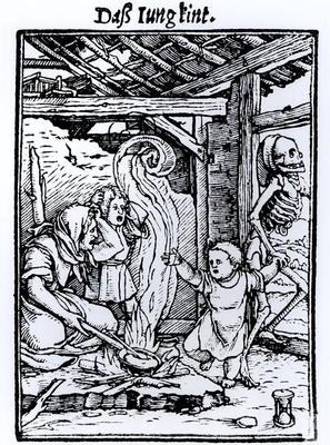 Death Taking a Child, from the 'Dance of Death' series, engraved by Hans Lutzelburger, c.1526-8 (woo van Hans Holbein d.J.