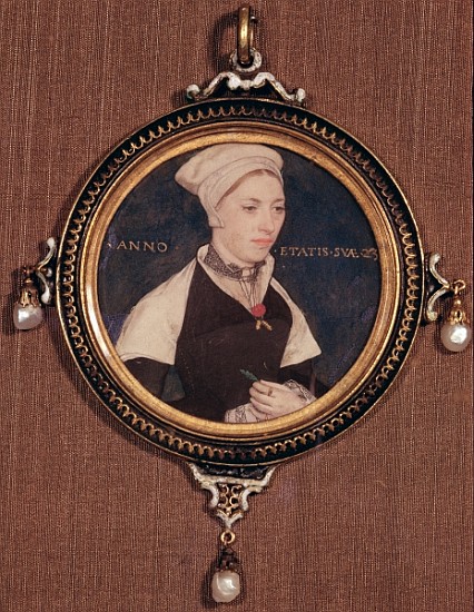 Miniature portrait of Jane Small, formerly known as Mrs. Robert Pemberton, c.1540 (w/c on vellum mou van Hans Holbein d.J.