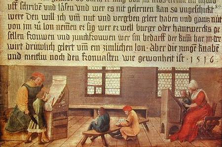 A School Teacher Explaining the Meaning of a Letter to Illiterate Workers van Hans Holbein d.J.