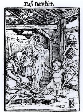 Death Taking a Child, from the 'Dance of Death' series, engraved by Hans Lutzelburger, c.1526-8 (woo