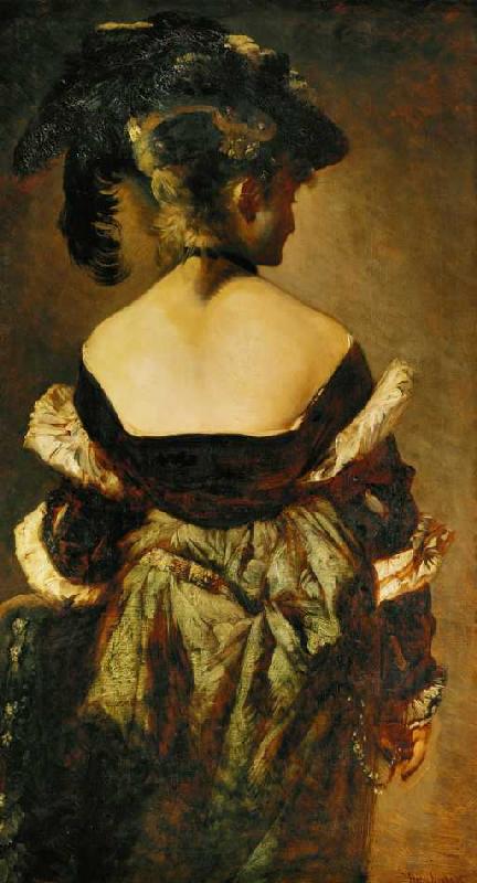 Portrait einer Dame mit einem Federhut, Rückenansicht van Hans Makart
