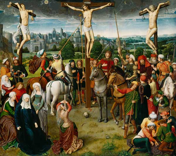 Kreuzigung Christi. Mittelbild eines Hausflügelaltars. van Hans Memling