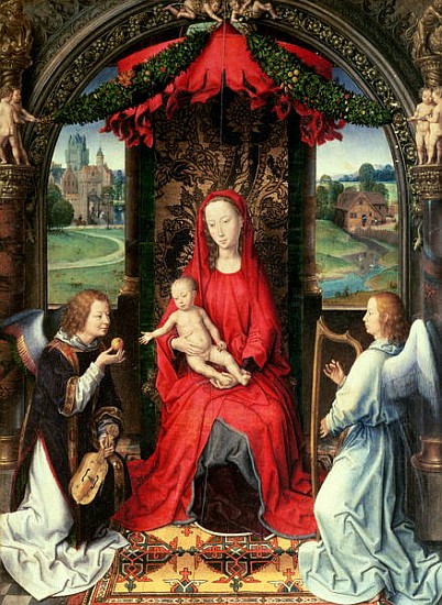 Madonna and Child Enthroned with Two Angels van Hans Memling