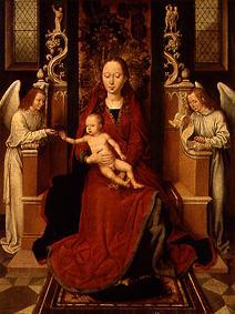 Madonna mit dem Kinde auf dem Thron, mit zwei Engeln van Hans Memling