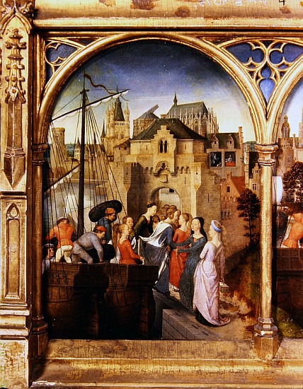 St. Ursula and her companions landing at Cologne, from the Reliquary of St. Ursula, before 1489 van Hans Memling