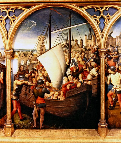 The Martyrdom of Saint Ursula and her companions at Cologne, from The Reliquary of St. Ursula, 1489  van Hans Memling