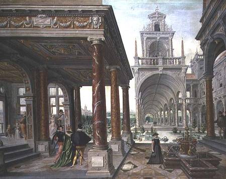 Cappricio of palace architecture with Figures Promenading van Hans or Jan Vredeman de Vries
