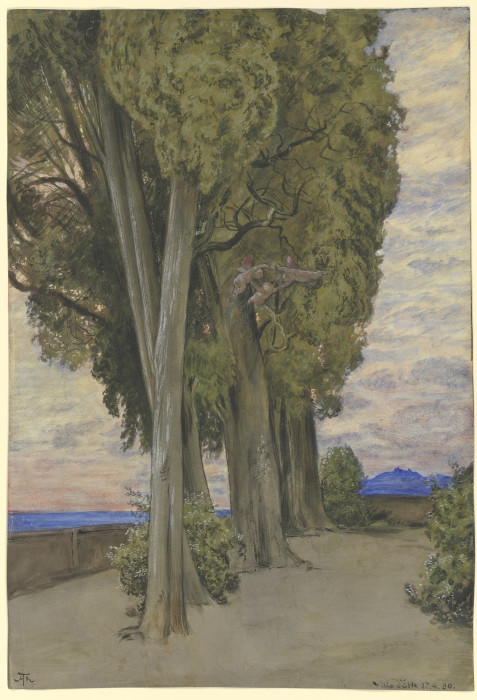 Zypressen in der Villa d`Este, unterhalb der Baunkronen ein Reigen drei Putten van Hans Thoma