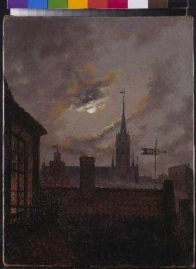 Deutscher Mondschein (Blick über Dächer auf eine gotische Kirche im Mondschein)