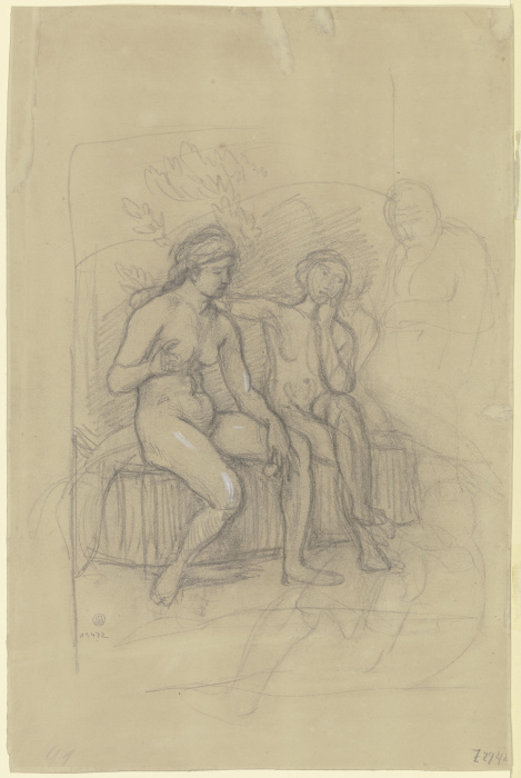 Zwei nebeneinander sitzende weibliche Akte van Hans von Marées