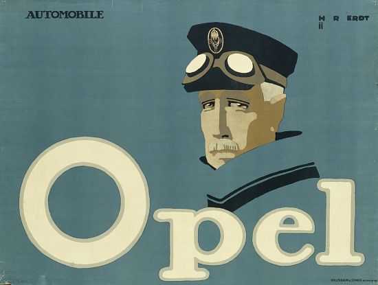 German advertisement for 'Opel' brand cars, printed by Hollerbaum & Schmidt, Berlin van Hans Rudi Erdt