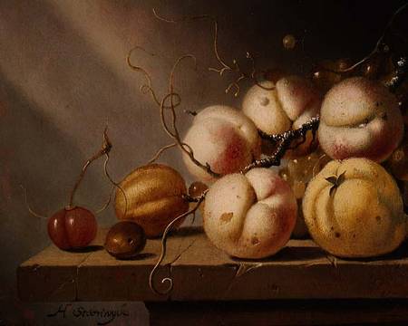Still life of fruit on a ledge (panel) van Harmen van Steenwyck
