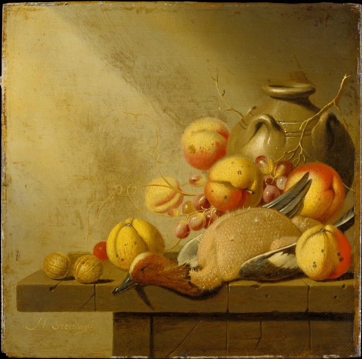 Still Life with Fruit and Plucked Duck van Harmen van Steenwyck